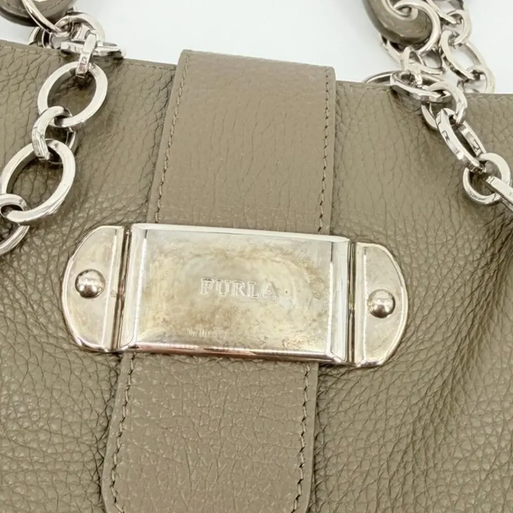 Furla Pebbled Leather Chain Handle Tote Bag in Taupe Greige